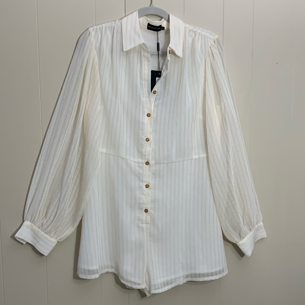 PrettyLittleThing White Striped Long Sleeve Romper (US 10)